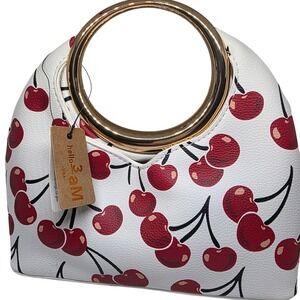 Hello 3 AM Cherry Print Handbag White Gold Ring Handle Retro Coquette NWT